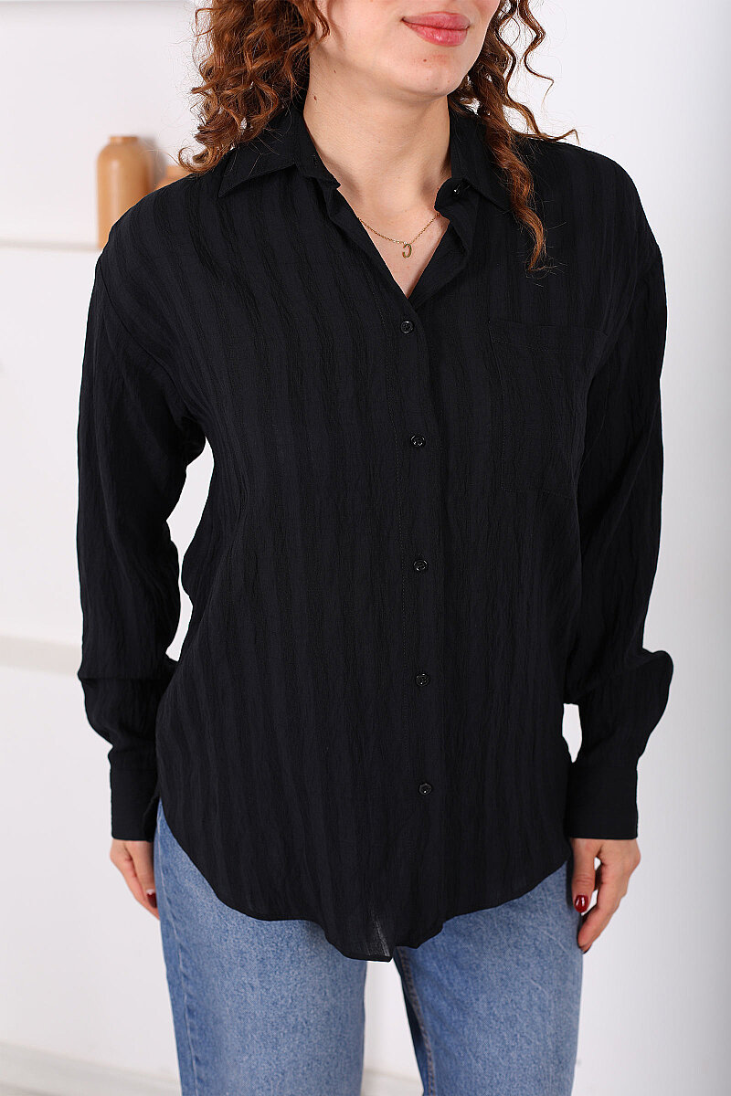 Tek Cepli Kalın Çizgili Kadın Siyah Oversize Gömlek - 2