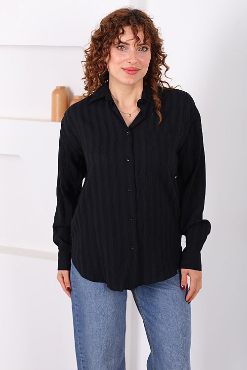 Tek Cepli Kalın Çizgili Kadın Siyah Oversize Gömlek - 6