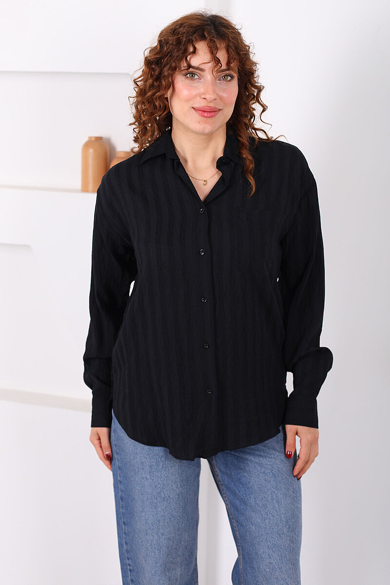 Tek Cepli Kalın Çizgili Kadın Siyah Oversize Gömlek - 6