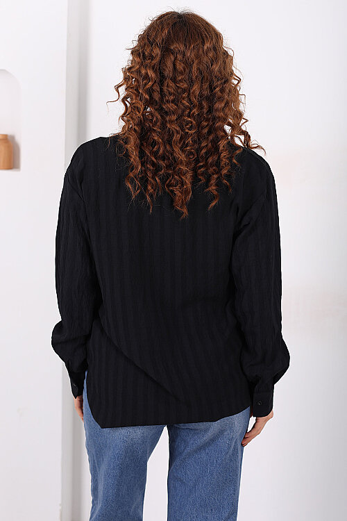 Tek Cepli Kalın Çizgili Kadın Siyah Oversize Gömlek - 5