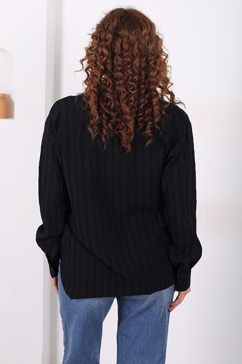 Tek Cepli Kalın Çizgili Kadın Siyah Oversize Gömlek - 5