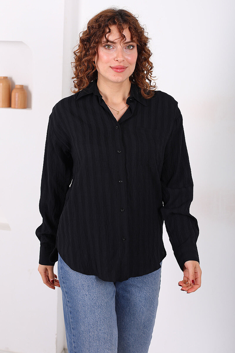 Tek Cepli Kalın Çizgili Kadın Siyah Oversize Gömlek - 1