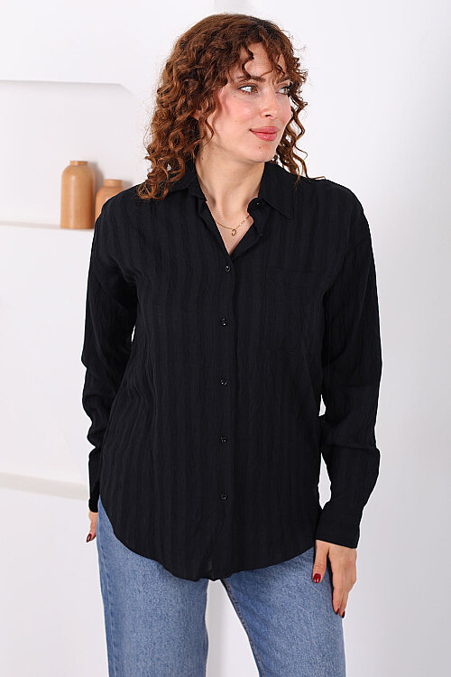Tek Cepli Kalın Çizgili Kadın Siyah Oversize Gömlek - 3