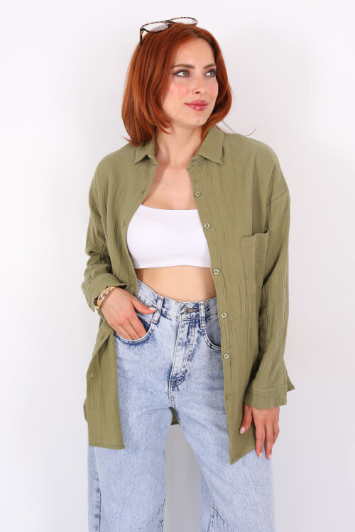 Tek Cepli Müslin Oversize Haki Kadın Gömlek - 4