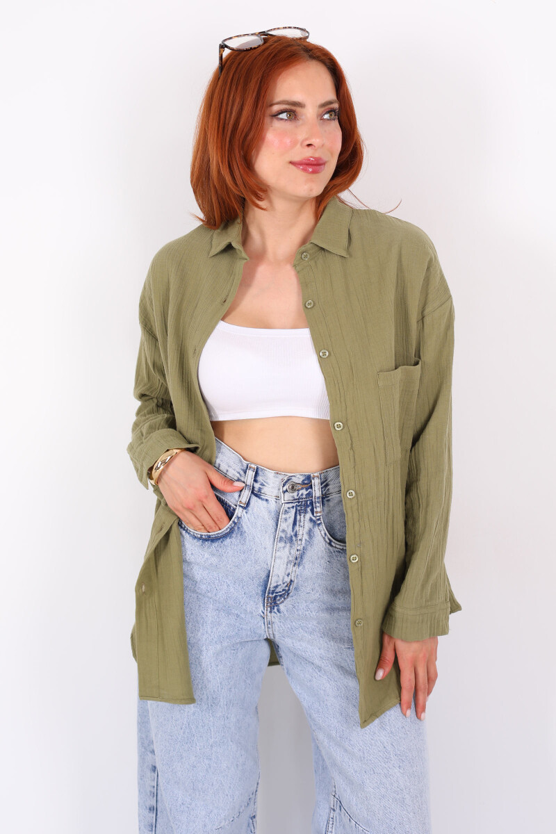 Tek Cepli Müslin Oversize Haki Kadın Gömlek - 4