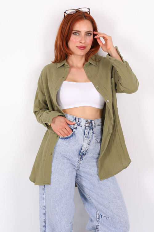 Tek Cepli Müslin Oversize Haki Kadın Gömlek - 3