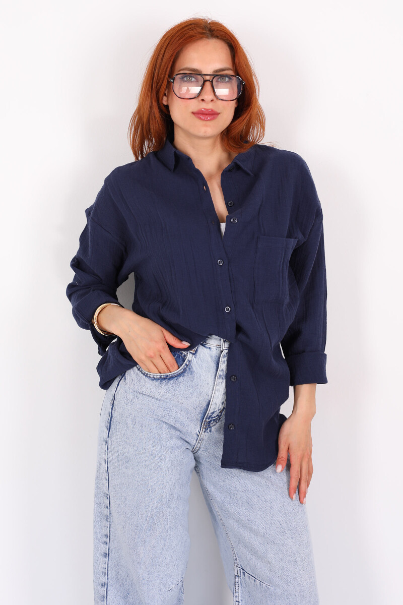 Tek Cepli Müslin Oversize Lacivert Kadın Gömlek - 5