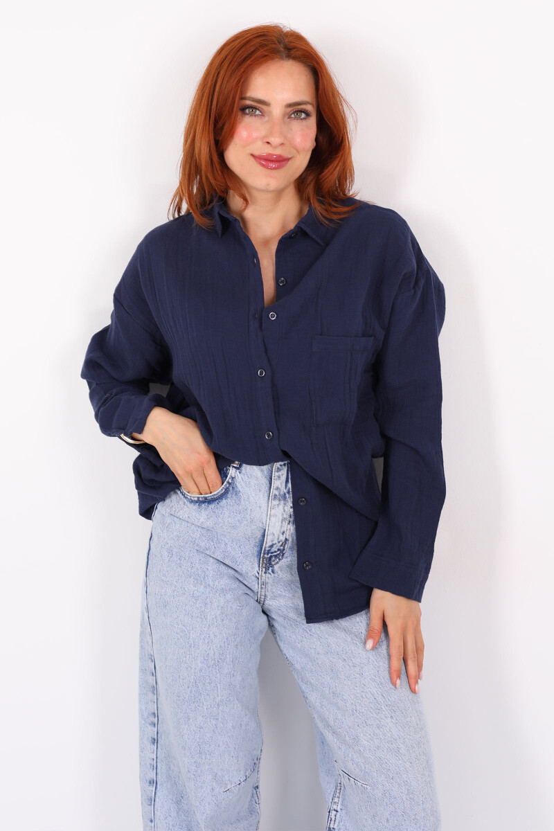 Tek Cepli Müslin Oversize Lacivert Kadın Gömlek - 3