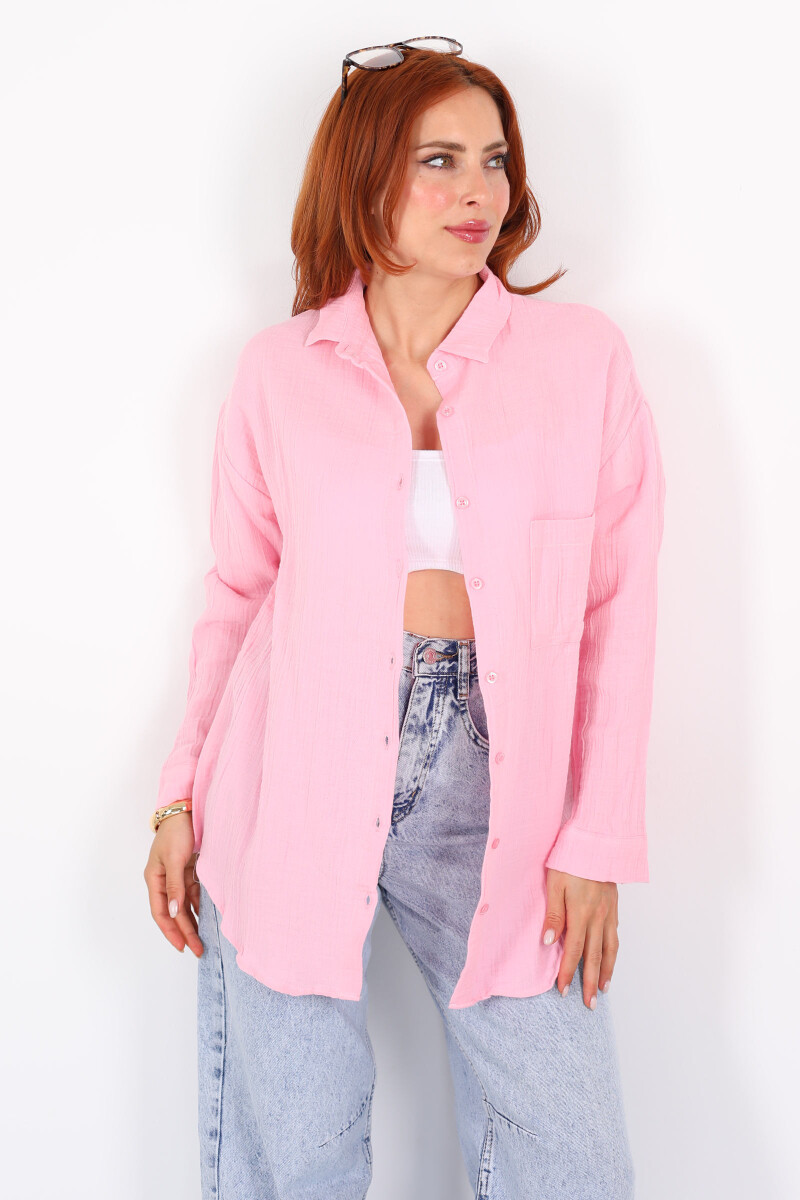 Tek Cepli Müslin Oversize Pembe Kadın Gömlek - 3