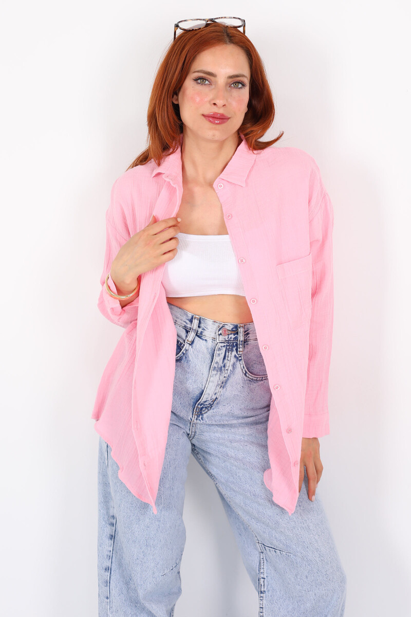 Tek Cepli Müslin Oversize Pembe Kadın Gömlek - 1