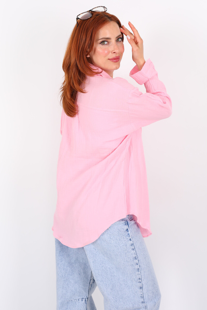 Tek Cepli Müslin Oversize Pembe Kadın Gömlek - 5