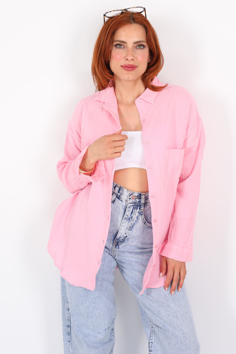 Tek Cepli Müslin Oversize Pembe Kadın Gömlek - 4