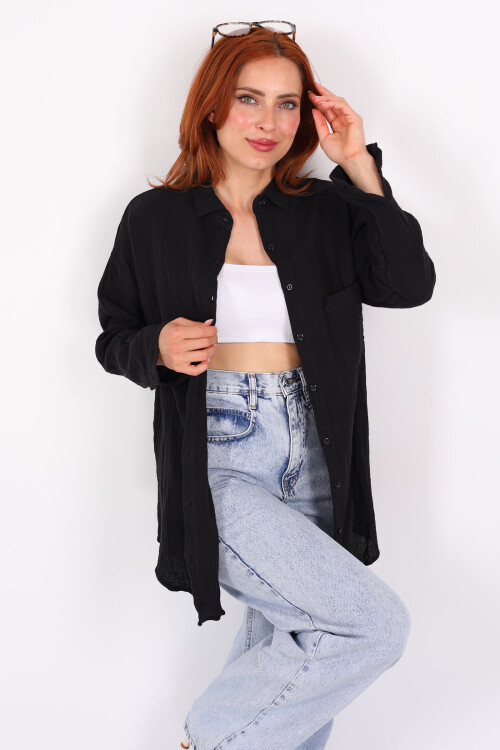 Tek Cepli Müslin Oversize Siyah Kadın Gömlek 