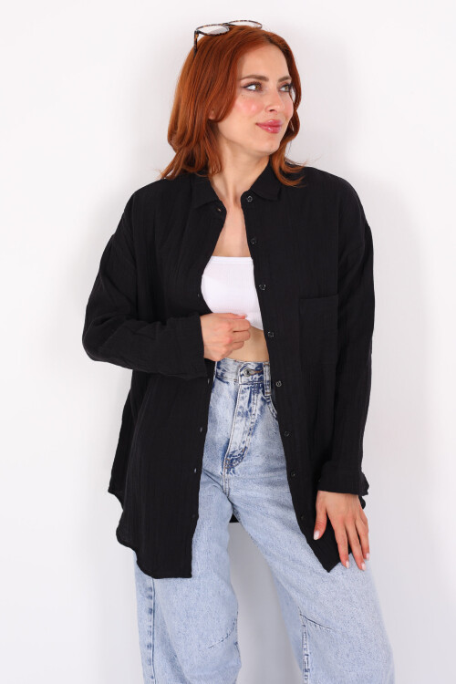 Tek Cepli Müslin Oversize Siyah Kadın Gömlek - 3