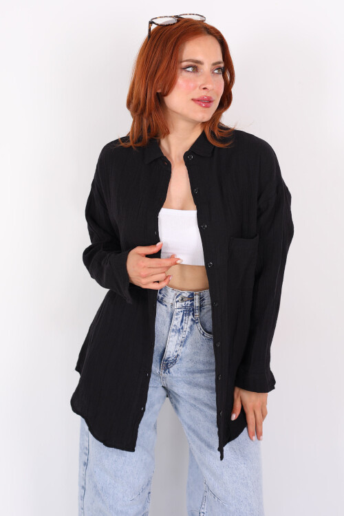 Tek Cepli Müslin Oversize Siyah Kadın Gömlek - 4