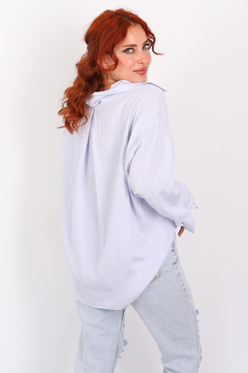 Tek Cepli Oversize Kendinden Çizgili Bebe Mavisi Kadın Gömlek - 4