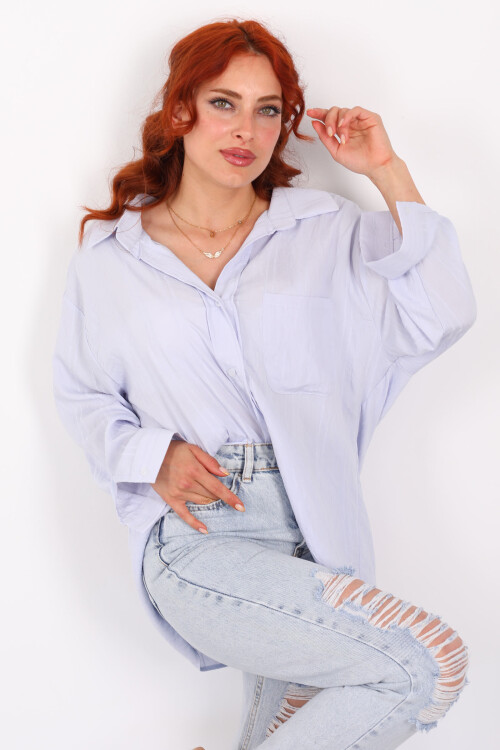Tek Cepli Oversize Kendinden Çizgili Bebe Mavisi Kadın Gömlek - 1
