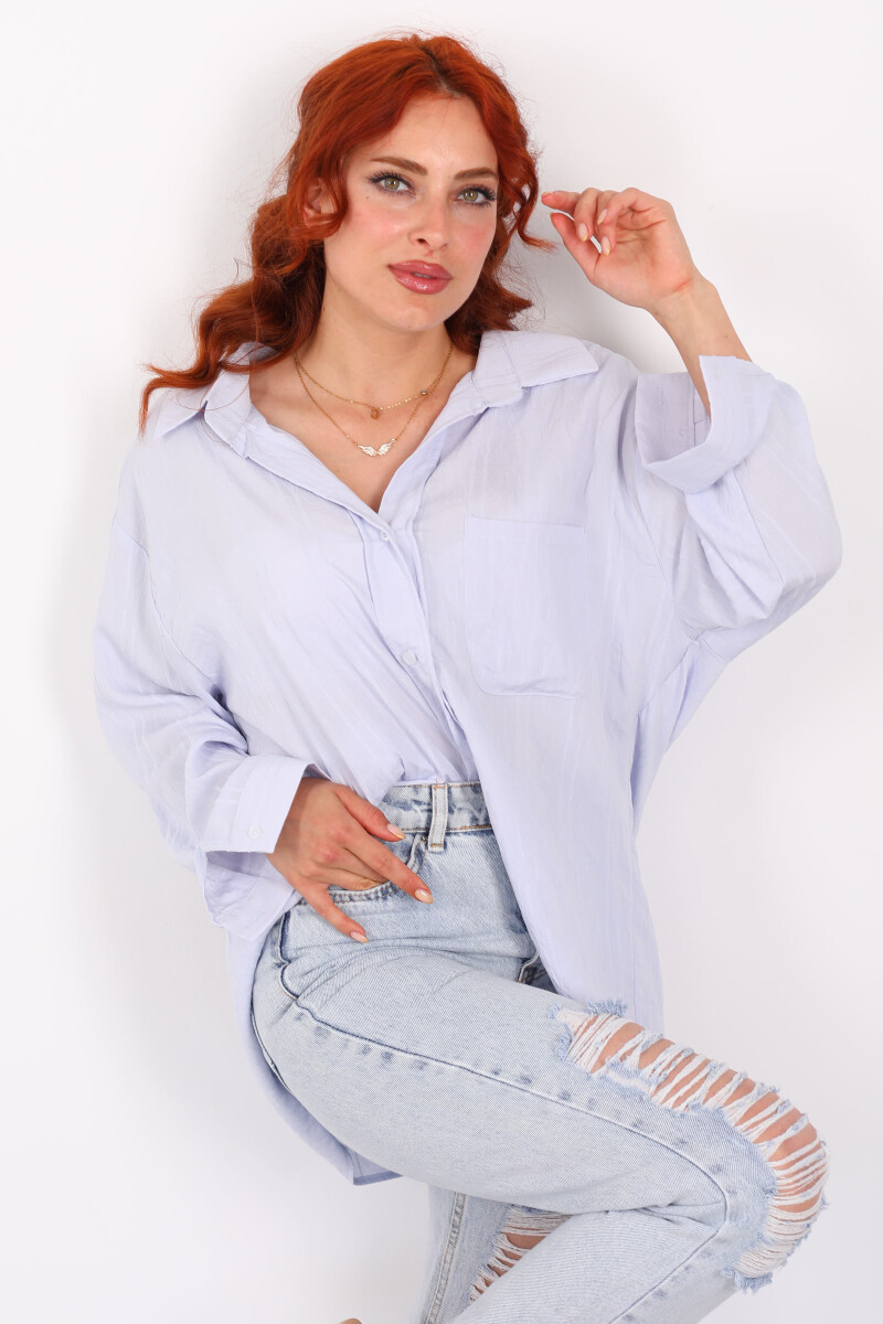 Tek Cepli Oversize Kendinden Çizgili Bebe Mavisi Kadın Gömlek - 1