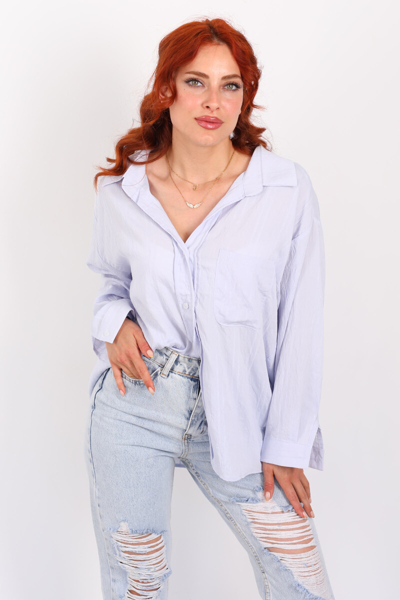 Tek Cepli Oversize Kendinden Çizgili Bebe Mavisi Kadın Gömlek - 5