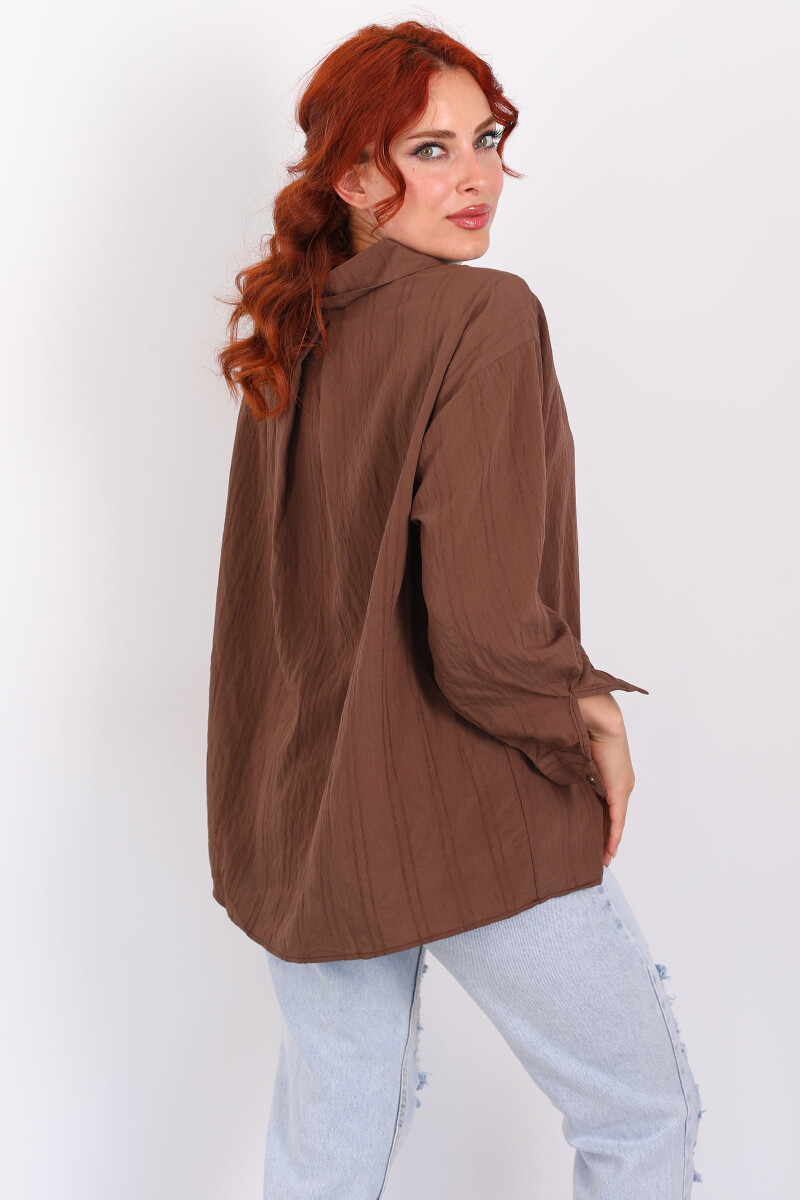 Tek Cepli Oversize Kendinden Çizgili Kahverengi Kadın Gömlek - 5