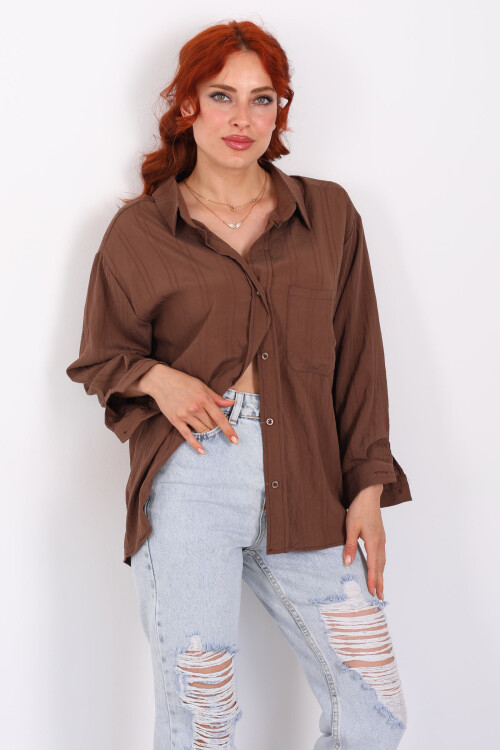 Tek Cepli Oversize Kendinden Çizgili Kahverengi Kadın Gömlek - 6