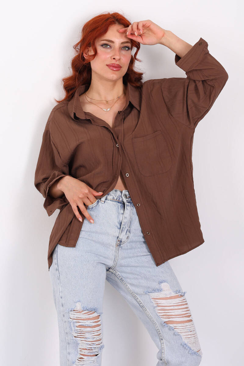 Tek Cepli Oversize Kendinden Çizgili Kahverengi Kadın Gömlek - 4