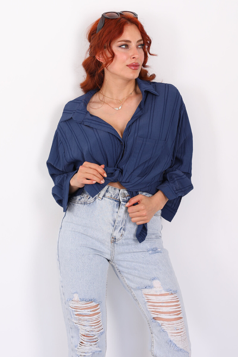 Tek Cepli Oversize Kendinden Çizgili Lacivert Kadın Gömlek - 5