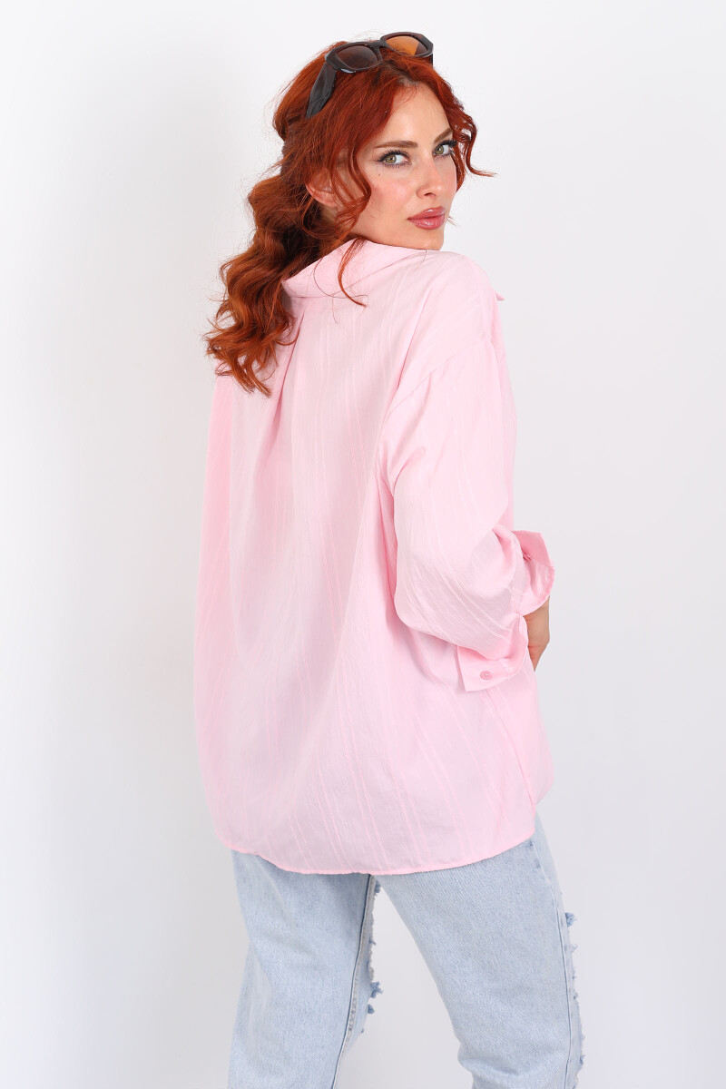 Tek Cepli Oversize Kendinden Çizgili Pudra Pembe Kadın Gömlek - 4