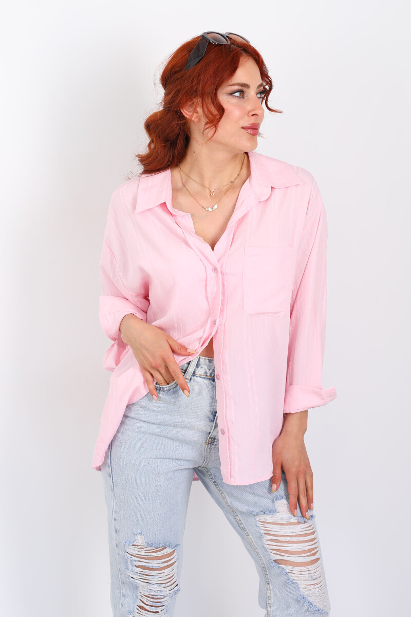 Tek Cepli Oversize Kendinden Çizgili Pudra Pembe Kadın Gömlek - 5
