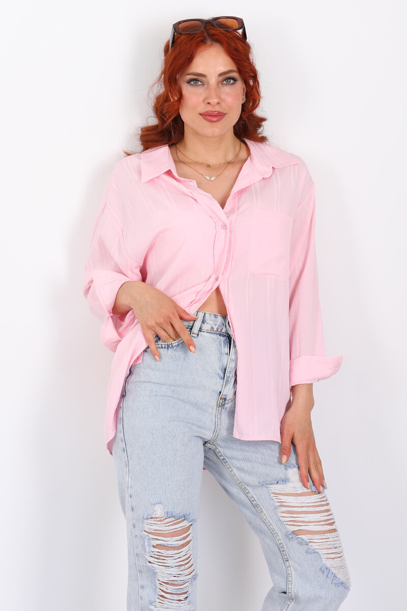 Tek Cepli Oversize Kendinden Çizgili Pudra Pembe Kadın Gömlek - 3