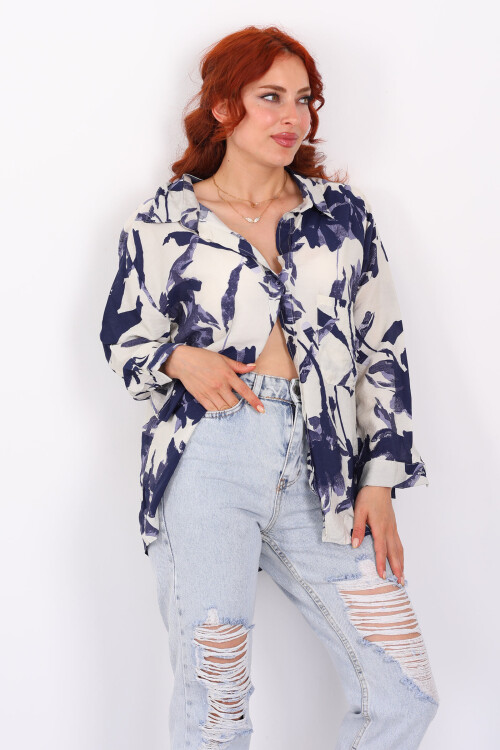 Tek Cepli Oversize Lacivert Yaprak Desenli Kadın Gömlek - 3