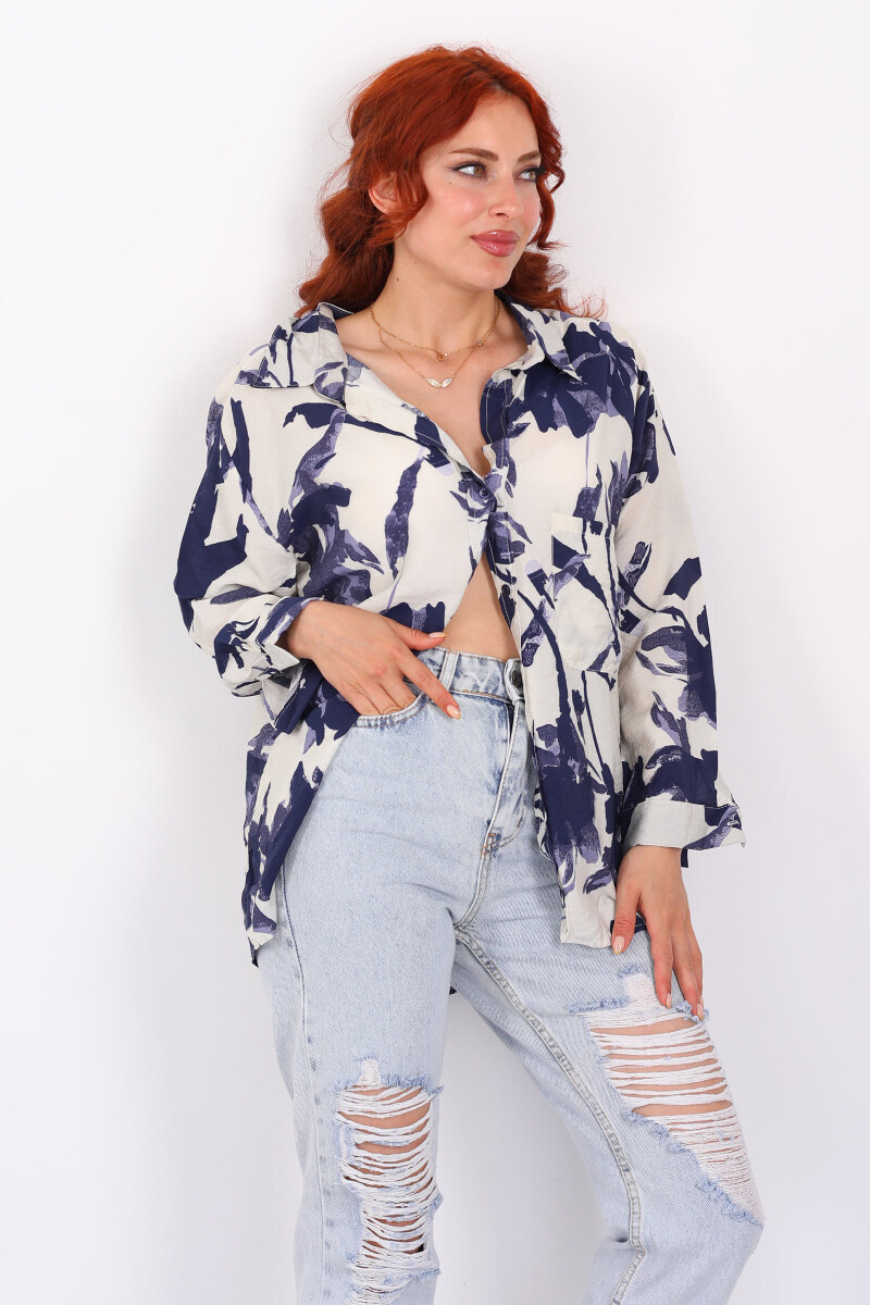 Tek Cepli Oversize Lacivert Yaprak Desenli Kadın Gömlek - 3