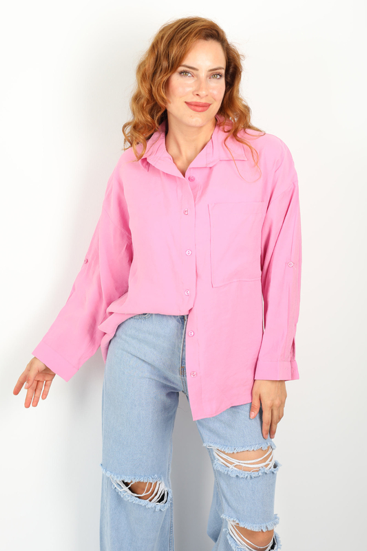 Tek Cepli Oversize Pembe Kadın Cupra Gömlek - 1