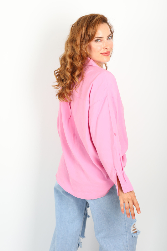 Tek Cepli Oversize Pembe Kadın Cupra Gömlek - 4
