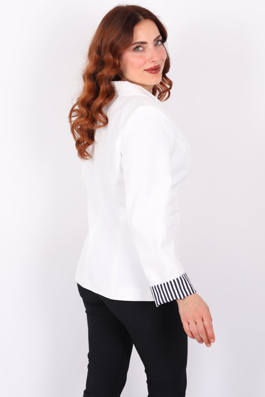 Tek Düğme Cep Kapaklı Çizgili Garnili Ekru Kadın Blazer Ceket - 7
