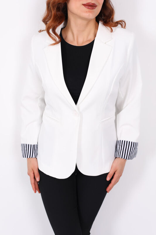 Tek Düğme Cep Kapaklı Çizgili Garnili Ekru Kadın Blazer Ceket - 2