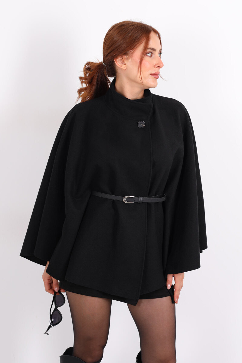 Tek Düğme Kemerli Siyah Kadın Panço - 7