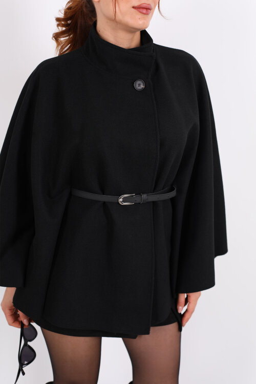 Tek Düğme Kemerli Siyah Kadın Panço - Berox (1)