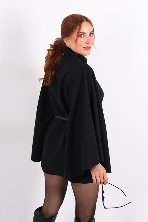 Tek Düğme Kemerli Siyah Kadın Panço - 5