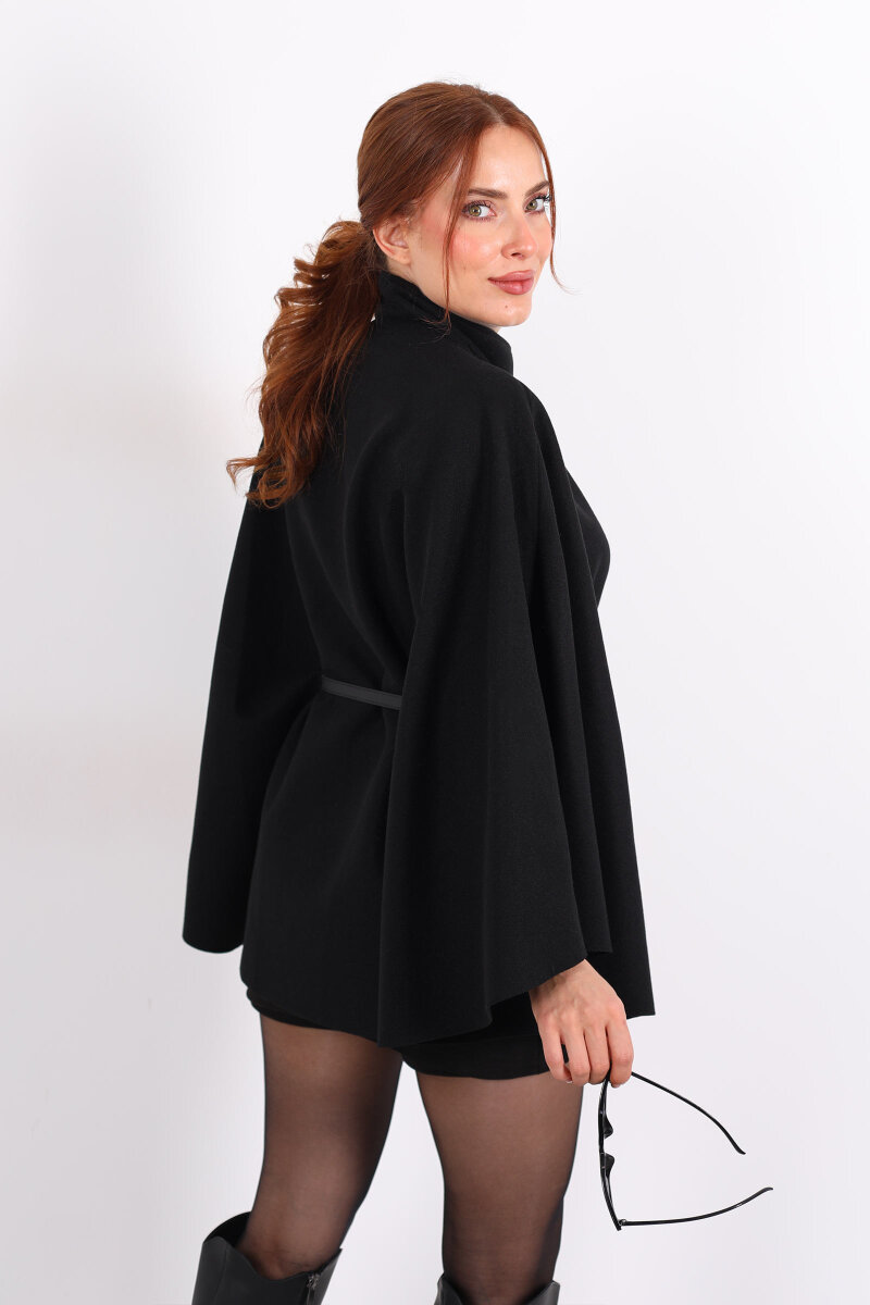 Tek Düğme Kemerli Siyah Kadın Panço - 5