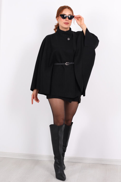 Tek Düğme Kemerli Siyah Kadın Panço - 3