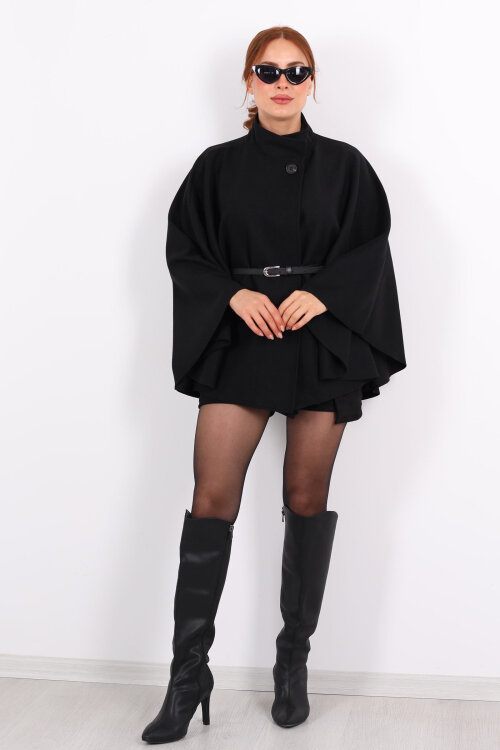 Tek Düğme Kemerli Siyah Kadın Panço - 6