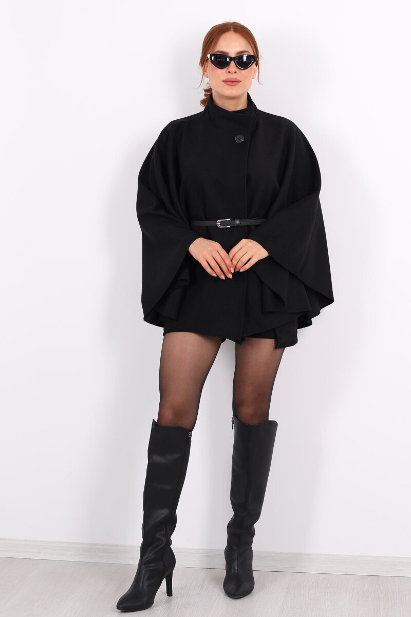 Tek Düğme Kemerli Siyah Kadın Panço - 6