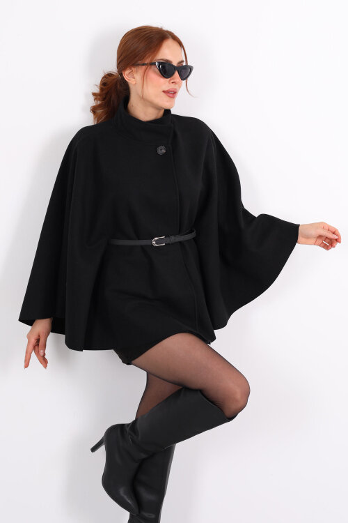 Tek Düğme Kemerli Siyah Kadın Panço - Berox