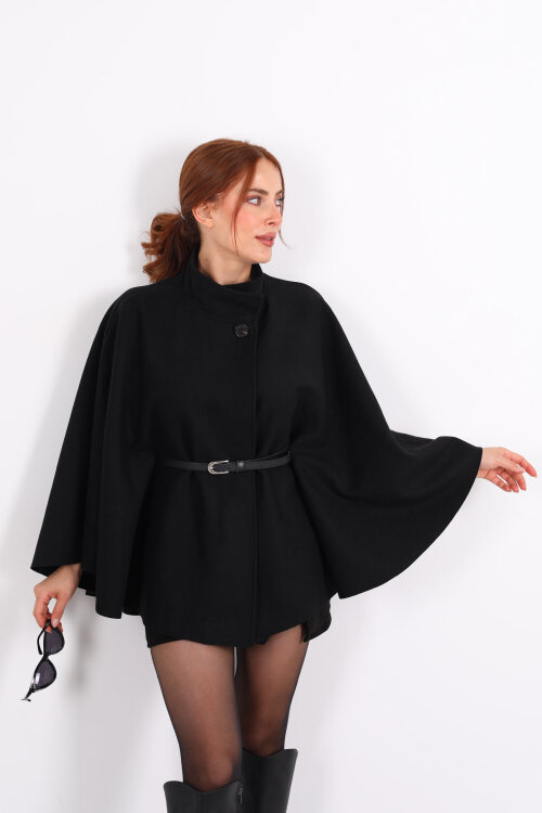 Tek Düğme Kemerli Siyah Kadın Panço - 4