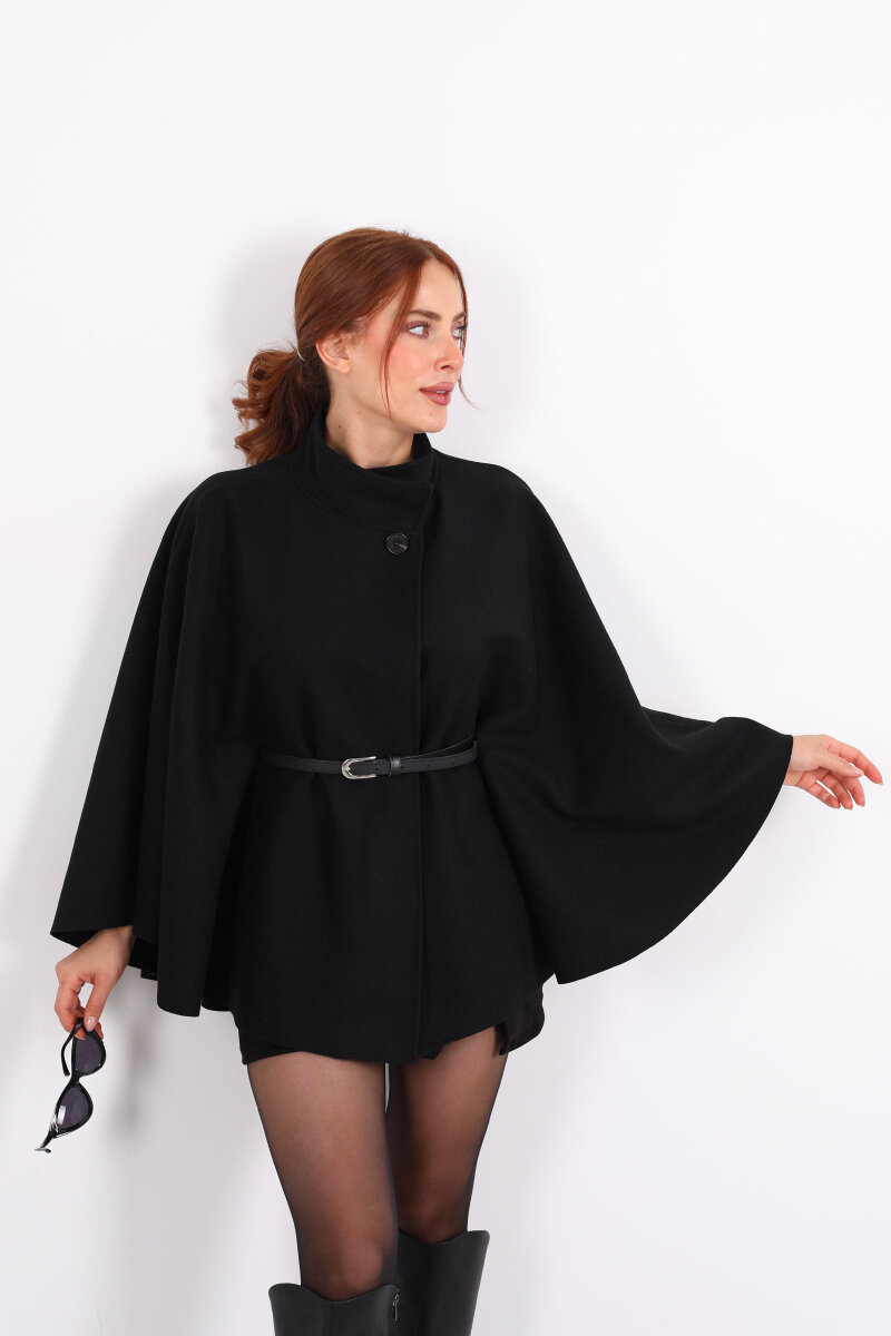 Tek Düğme Kemerli Siyah Kadın Panço - 4