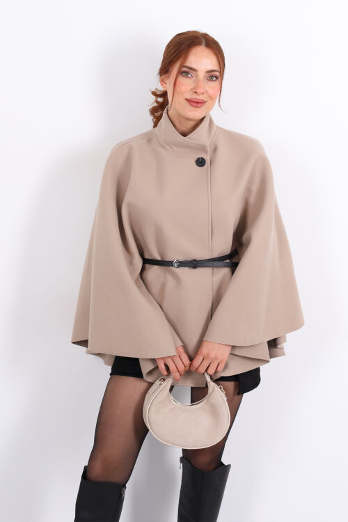 Tek Düğme Kemerli Taş Rengi Kadın Panço - 3