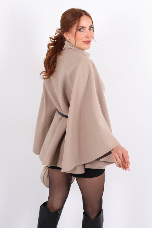 Tek Düğme Kemerli Taş Rengi Kadın Panço - 5