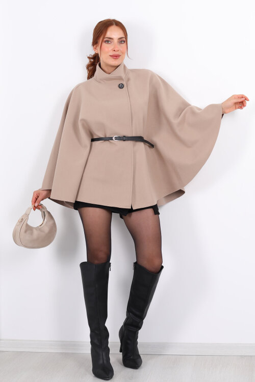 Tek Düğme Kemerli Taş Rengi Kadın Panço - Berox