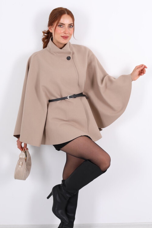 Tek Düğme Kemerli Taş Rengi Kadın Panço - 7